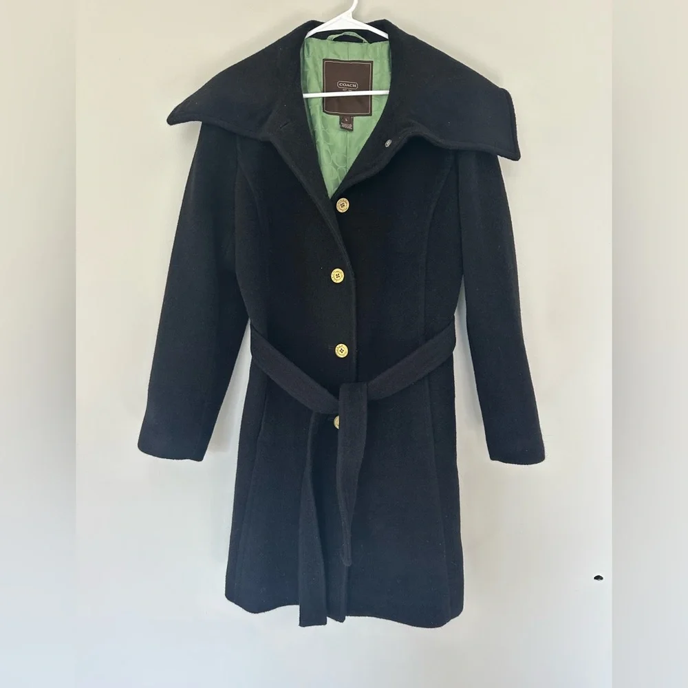 Coach Black Mohair Wool-Blend Belted Coat with Green Lining, Large. Gorgeous!